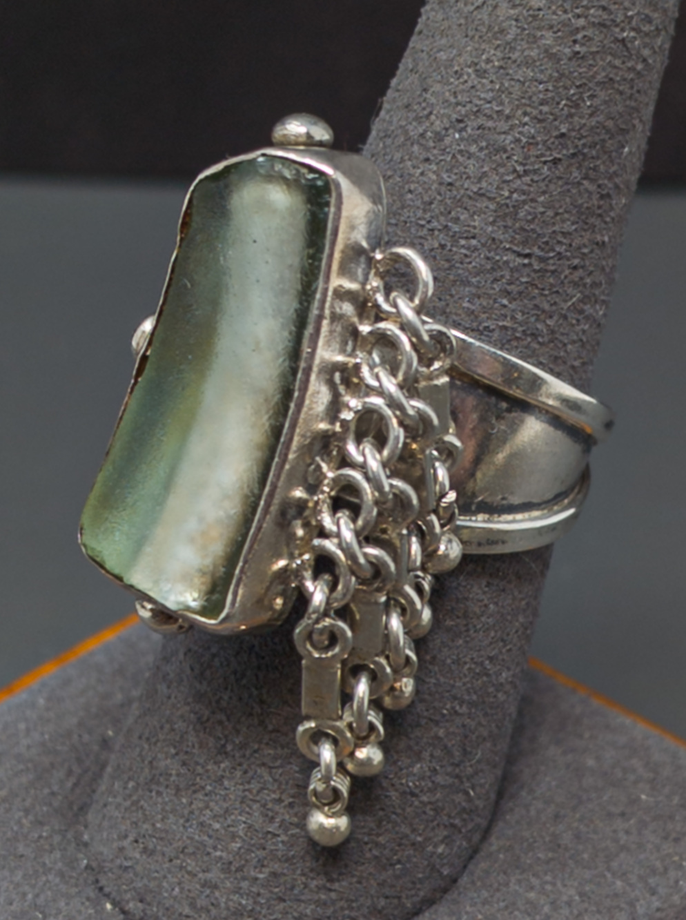 Israeli 925 Silver Sea Glass Modernist Ring w/ Fringe, Sz 8